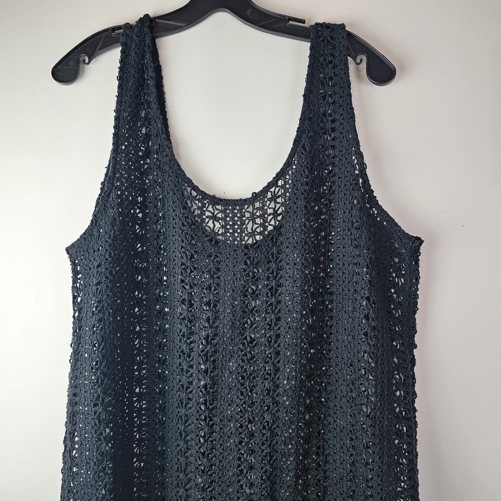 F&F Black Cotton Crochet Dress XL Sleeveless Openweave Sheer Dress Side Slits - Picture 4 of 10